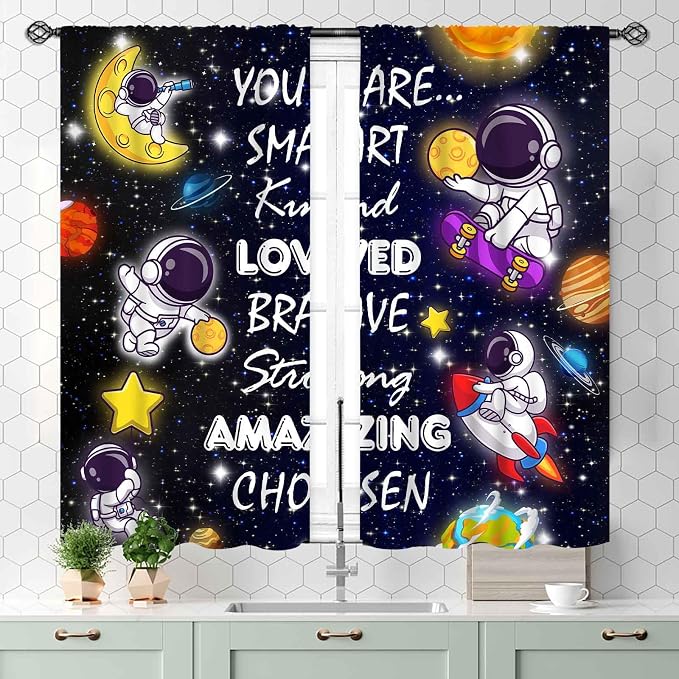 Kids Space Curtains for Boys Room, Cartoon Universe Galaxy Space Planet Astronaut Inspirational Quotes Learning Kids Window Drapery Treatments for Bedroom Living Room Nursery 2 Panels, 55x39 Inch