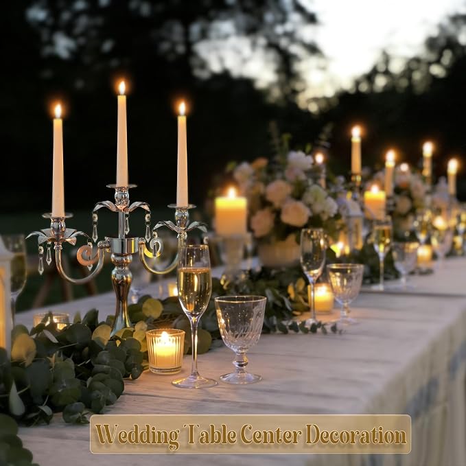 Metal 3 Arm Taper Candlestick Stand with Crystal Pendants - 11.8 Inch Tall Candle Holders, Elegant Centerpieces Candelabra for Wedding, Dining Table, Christmas Party (6Pcs, Silver)