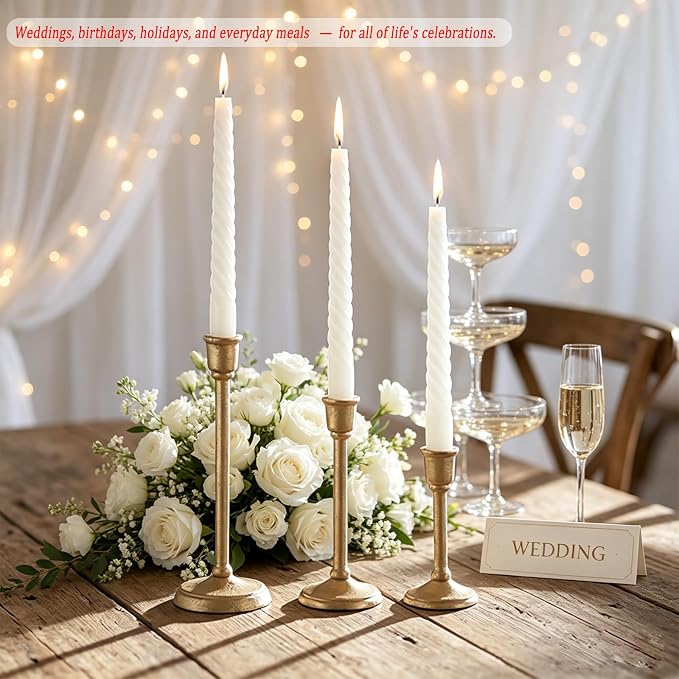 Gold Taper Candle Holders Set of 3, Antique Brass Finish | Heavy Cast Iron Candlesticks, Sturdy Candle Sticks for Dining Table, Wedding, Fireplace, Home Decor