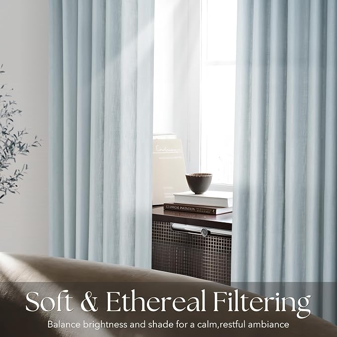 Light Blue Pinch Pleated Linen Curtains 120 inches Long with Clips and Hooks for Boys Bedroom Elegant Neutral Farmhouse Dusty Blue Semi Sheer Pleat Drapes Living Room 40"x120" 2 Panels Grey Blue