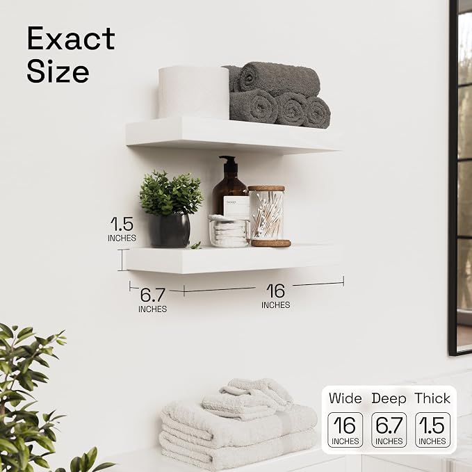 BAOBAB WORKSHOP Wood Floating Shelves for Wall Mounted, 16 inch White Floating Shelf for Bathroom, Solid Wooden Wall Shelves for Kitchen Bedroom Farmhouse, White Finish, 16 x 6.7, Set of 2 | Real Wood, Wall Mounted, Floating Shelf for Bathroom, Kitchen...