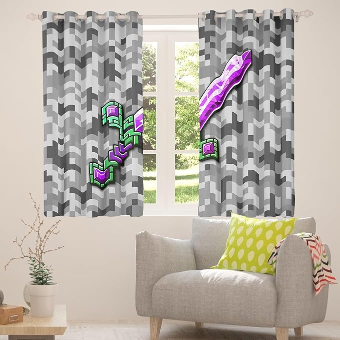 Castle Fairy Green Purple Sword Window Curtain,Miner Check Privacy Blackout Curtain for Window Video Games Shade Windows Covering for Bedroom Cool Pixel Drapes 2 Panels,42Wx90L