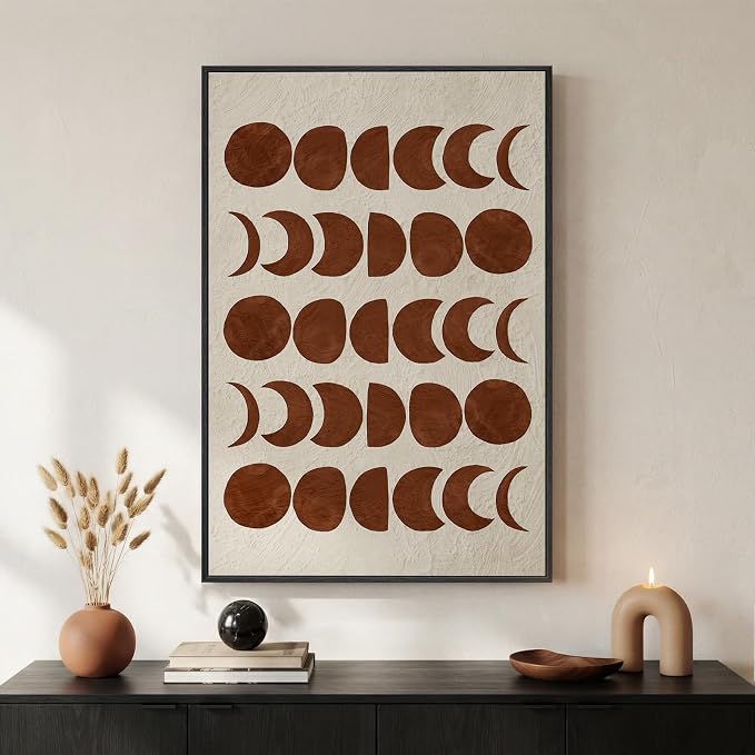 Framed Mid Century Modern Moon Phase Wall Art for Living Room, Neutral Brown Beige Boho Geometric Print Canvas Artwork for Walls, Vertical Pictures Wall Decor for Bedroom Home Office Hallway, 24x36 In