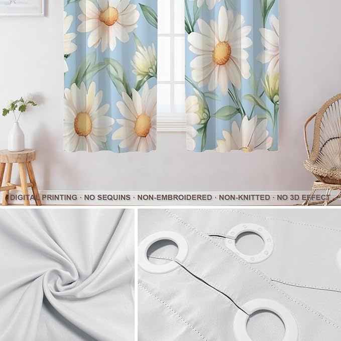 Shrahala Daisies Leaves Thermal Insulated Blackout Window Curtains, White Daisies On Blue Long Drapes for Bedroom/Living Room with Plastic Grommet, 52X63 Set of 2