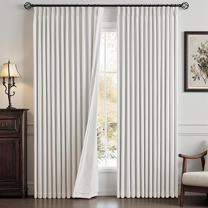 IVAPUPU Pinch Pleated Linen Blend Blackout Curtains for Bedroom - Ivory Full Black Out Curtains 84 Inch 2 Panels Set for Living Room Darkening Thermal Window Curtain Drapes with 16pc Hooks