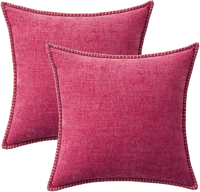 MIULEE Pack of 2 Summer Throw Pillow Covers 20x20 Inch Hot Pink Farmhouse Decorative Pillow Covers with Stitched Edge Soft Chenille Solid Dyed Pillow Covers for Couch Sofa Bed Living Room
