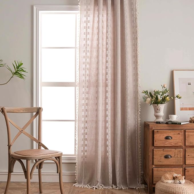 Deeprove Boho Curtain 63 inches Length for Living Room Bedroom Nursery, Retro Bohemian Coffee Linen Sheer 63 inches Long Tassel Stripe Embroidery Privacy Window Treatment W52 x L63, 1 Panel Natural