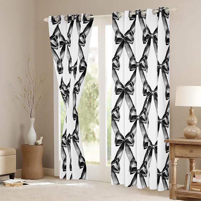 Erosebridal Bowknot Kids Window Curtain Ribbon Bow 42" Wx84 L Curtain for Girls Boys,Black White Bow Knot Window Treatments Geometric Patchwork Modern Butterfly Knot Curtains & Drapes