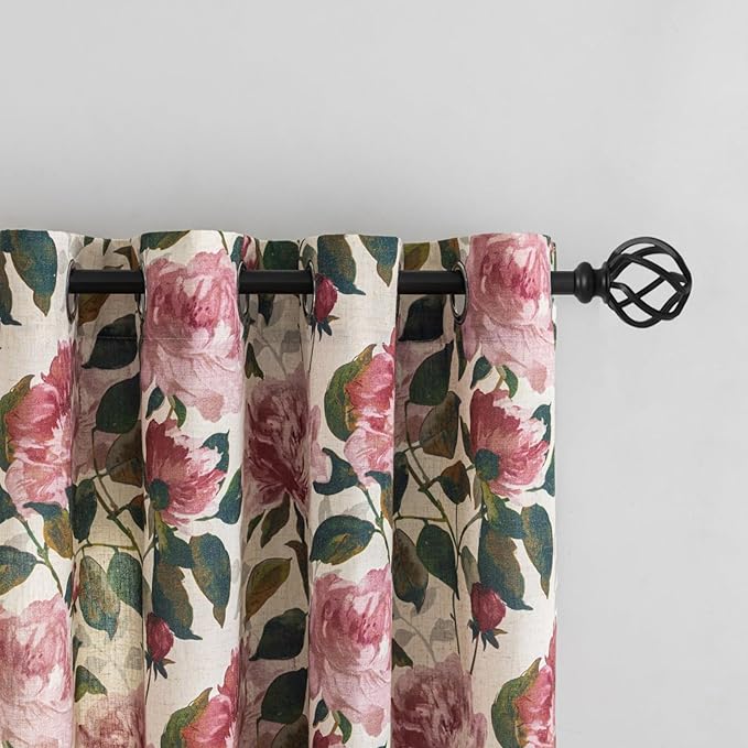 ALIGOGO Floral Linen Patio Curtain for Sliding Door, Extra Wide Curtain 100 Inch for Glass Doors, Elegant Semi-Sheer Light Filtering Farmhouse Grommet Room Divider Drape 1 Panel, W100 x L90 Inch, Pink
