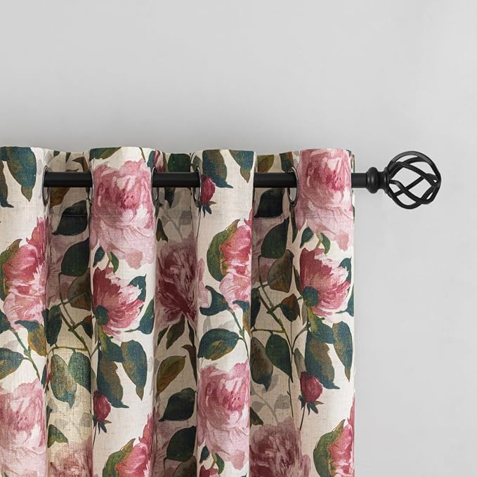 ALIGOGO Pink Floral Kitchen Curtains 54 Inch Length, Linen Blend Farmhouse Cottage Short Floral Window Curtains for Bedroom Laundry Room,Grommet Top, Light Filtering & Privacy, 2 Panels, 50W x 54L