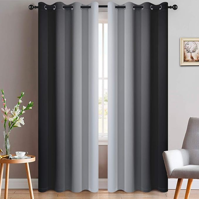 Yakamok Ombre Curtains Black and Greyish White for Living Room,52Wx96L | Room Darkening Curtains 96,Thermal Insulated Gradient Color Drape,Light Blocking Grommet Window Curtains for Bedroom,2 Panels