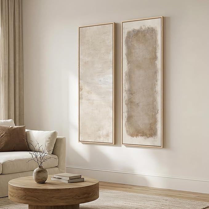 Large Framed Neutral Abstract Vertical Wall Art, Set of 2 Modern Canvas Prints Paintings for Walls, Tall Beige Cream Long Narrow Minimalist Pictures for Living Room Bedroom Hallway Entryway Wall Decor