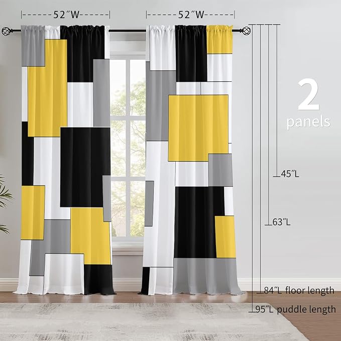 Yellow and Black Curtains for Living Room 84 Length Geometry Curtains Modern Yellow Grey Abstract Rod Pocket Curtain for Bedroom Kitchen Room Window Drapes 2 Panels