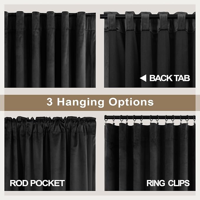 Black Velvet Curtains for Living Room 108 Inches Long 2 Panels Heat Noise Reducing Black Out Drapes for Sliding Door Movie Theater Man Cave Masculine Modern Victorian Vintage Bedroom Decor 9ft Length