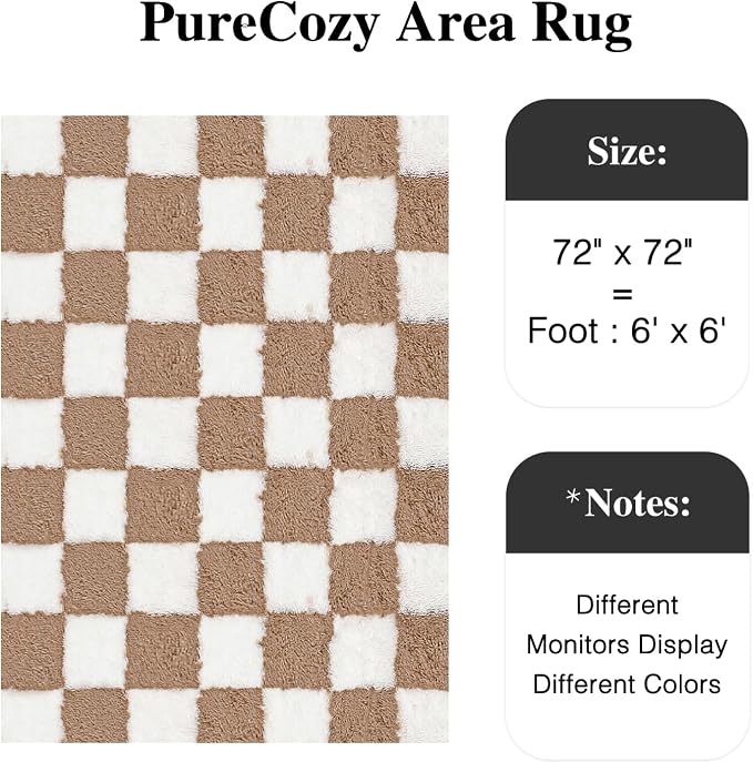 PureCozy 6x6 Round Rugs for Living Room Brown Soft Shag Checkered Large Rug Modern Washable Indoor Office Fuzzy Carpet Non-Slip Fluffy Rugs for Bedroom Nursery Dorm Playroom Home Aesthetic Decor