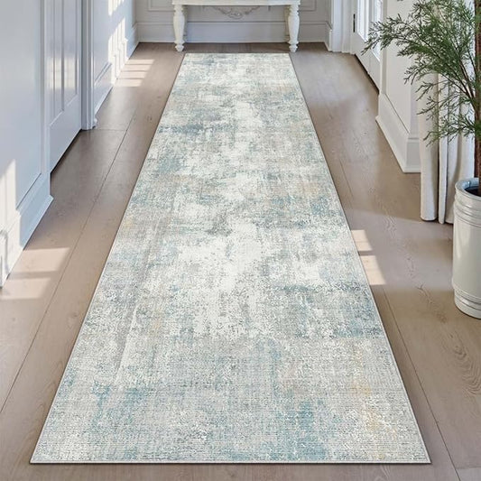 2x12 Washable Runner Rug Blue Cream Abstract Non Slip Soft Low Pile Hallway Kitchen Rug Neutral Modern Carpet for Laundry Bathroom Bedroom Living Room Home Decor