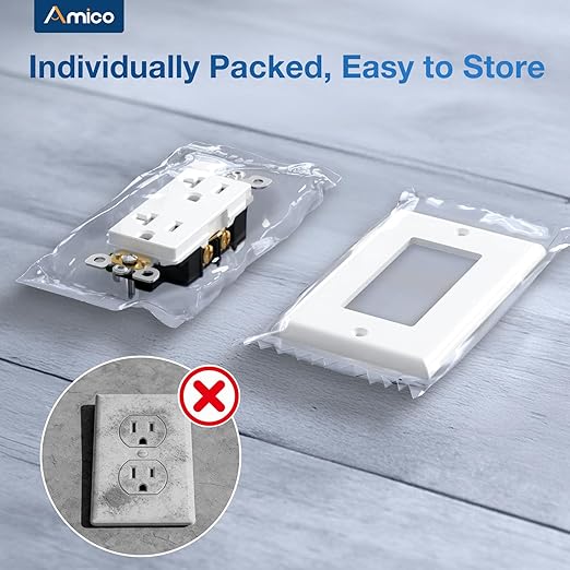 Amico Wall Outlet, 20 Amp Tamper Resistant Outlet, UL Listed, Heat Resistant Polycarbonate, Wall Plate Included, 125V/1875W, for Home, Commercial and Electricians Use, White, 1 Pack