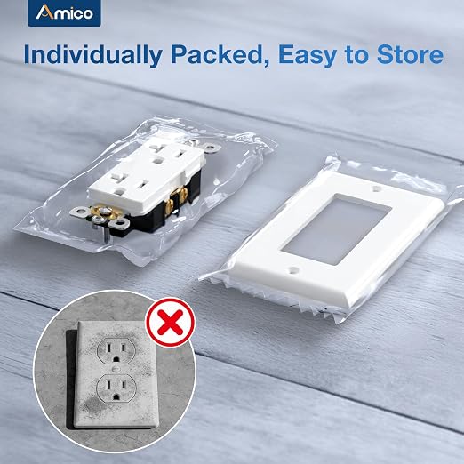 Amico Standard Electrical Outlets, Tamper Resistant, 2-Pole 3-Wire Wall Outlet, 125V/1875W, NEMA 5-15R, Wall Plates and Screws Included, for Home and Business, White, UL Listed, 20 Amp, 100 Pack