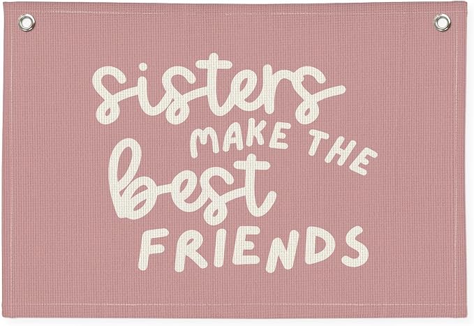 Best Friends Nursery Decor - Sister Pink Linen Banner Wall Hanging for Baby Girl Shower Gift, Toddler Bedroom & Girls Playroom 20x30 Inch