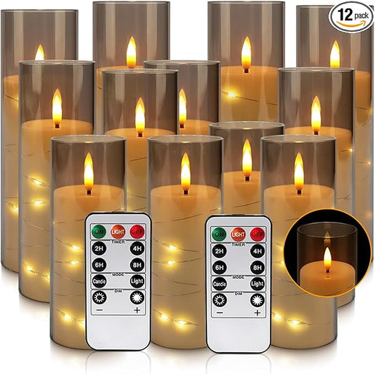 12-Pack Gray Acrylic Flameless LED Candles with Embedded String Lights - Remote Control for Holiday & Home Decor,Wedding.