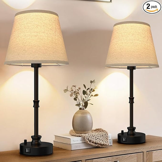 EppieBasic Farmhouse Table Lamps Set of 2 – 23.8" Bedside Lamps with USB-A & USB-C Charging, 3-Way Rotary Dimming, for Bedroom Living Room, Rustic Reading Pair
