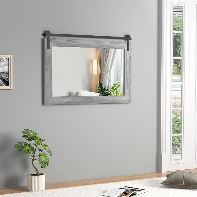 COGOOD Bathroom Mirrors for Over Sink - 41" x 30" Farmhouse Barn Door Mirror for Living Room, Entryway, Bedroom, Vanity Wall Decor Grey