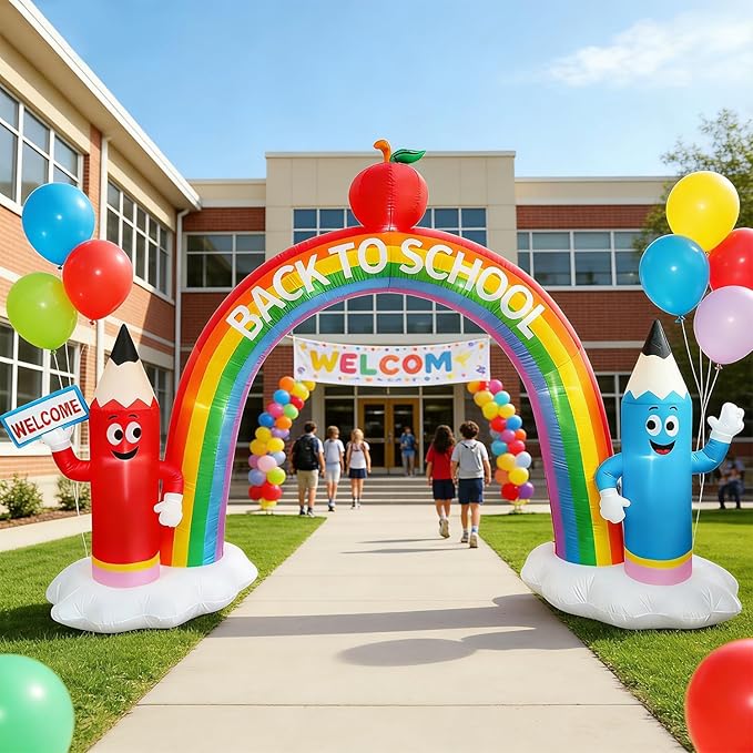 DomKom 12FT Long Back to School Inflatable Arch Featuring Open Book, Colorful Pencils Apple Decor, Ideal for 2026 First Day of School Kindergarten Graduation, Blow-up Crayon Archway for Yard Decor