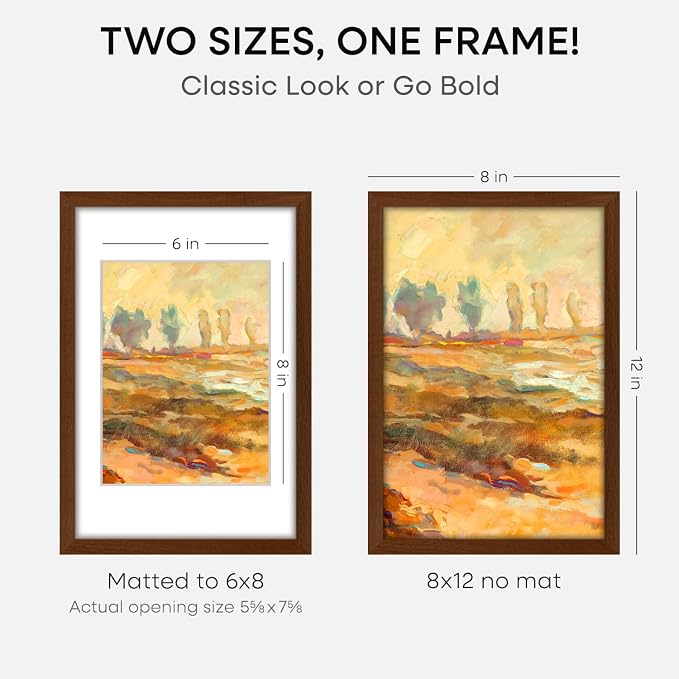 Homeforia 12x8 Picture Frame Brown, High End Dark Oak 8x12 Walnut Wooden Frames with Mat 6x8 Photo, 8 x 12 Wood Frame Matted to 6 by 8 Print, Wall or Tabletop Frame, Tempered Glass, Wall Kit, Set of 2