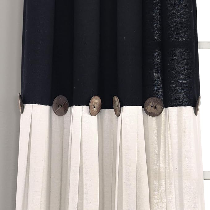 Lush Decor Linen Button Window Curtain Panel, Single, 40" W x 84" L, Black & Off White- Country Curtains - Rustic Decor - Color Block - Modern Farmhouse Curtains