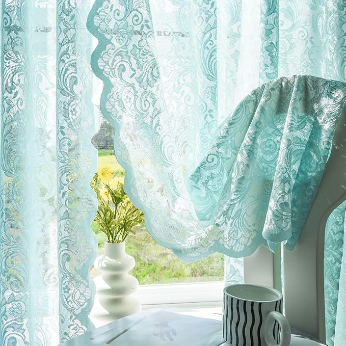 ALIGOGO Mint Green Curtains, 84 Inch Long, 2 Panels - Vintage Ocean Coastal Lace Sheer Floral Curtains for Living Room, Summer Beach Themed, Seafoam Aqua Color, Rod Pocket, 52 x 84 Inch, Aqua/Mint