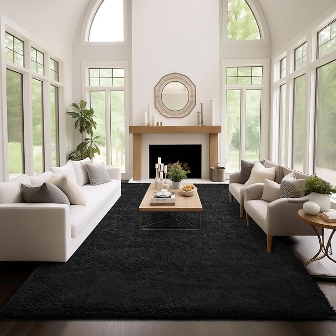 Ophanie Area Rugs 9x12 Living Room, Large Black Bedroom Carpet, Big Shag Indoor Thick Soft Nursery Rug, Fluffy Carpets for Boy and Girls Room Dorm Home Decor Aesthetic with Over 99 pcs Pile fibers