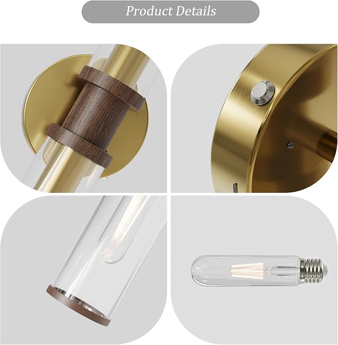 Rayogale Gold & Walnut Wireless Battery Operated Wall Sconces with Remote | Glass Rechargeable Wall Lights Set of 2 with Timer Function Dimmable for Living Room Bedroom Emergency 3000K, 20.5 Inch