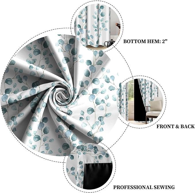 Renaiss Eucalyptus Leaf Curtains Green Eucalyptus Print Blackout Window Drapes for Bedroom Botanical Grommet Top Thermal Insulated Window Curtains for Living Room 42W x 96L 2 Panel Set