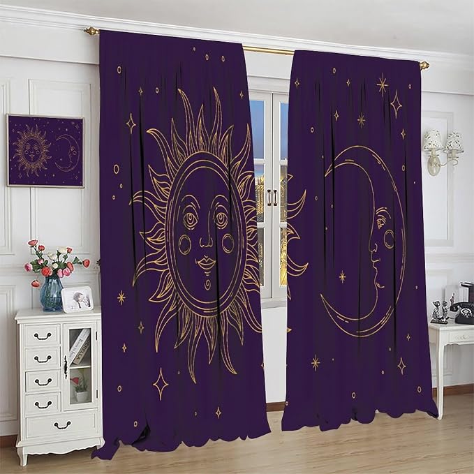 Golden Sun Moon Stars Art Blackout Curtains, Abstract Bohemian Universe Starry Sky Galaxy Window Drapes, for Bedroom Living Room 52" W X 84" L