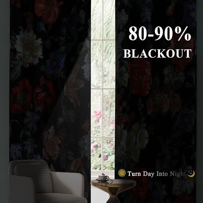 Estelar Textiler Blackout Boho Floral Curtains 108 inch Length 2 Panels Set，Rustic Vintage Flowers Print Patterned Black Out Curtains Thermal Insulated Window Drapes for Bedroom/Living Room,52Wx108L