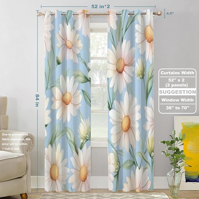 Shrahala Daisies Leaves Thermal Insulated Blackout Window Curtains, White Daisies On Blue Long Drapes for Bedroom/Living Room with Plastic Grommet, 52X84 Set of 2