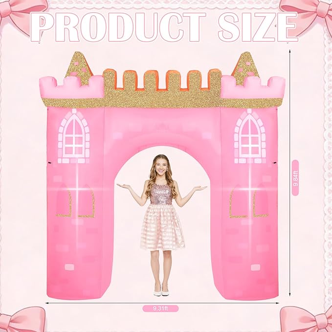 10ft Princess Inflatable Arch Castle with Built-in LED Lights, Pink Princess Party Decorations Blow up Archway for Girl Birthday Baby Shower Outdoor Yard Lawn Decor