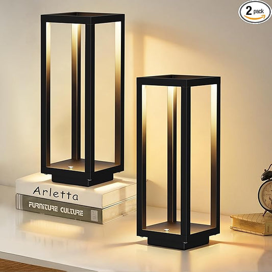 2PCS Cordless Table Lamp, 250H Runtime Modern Rechargeable Table Lamp, Waterproof Battery Powered LED Table Lamp with Stepless Dimming for Bedroom Outdoor Dining Patio, IP54, Black