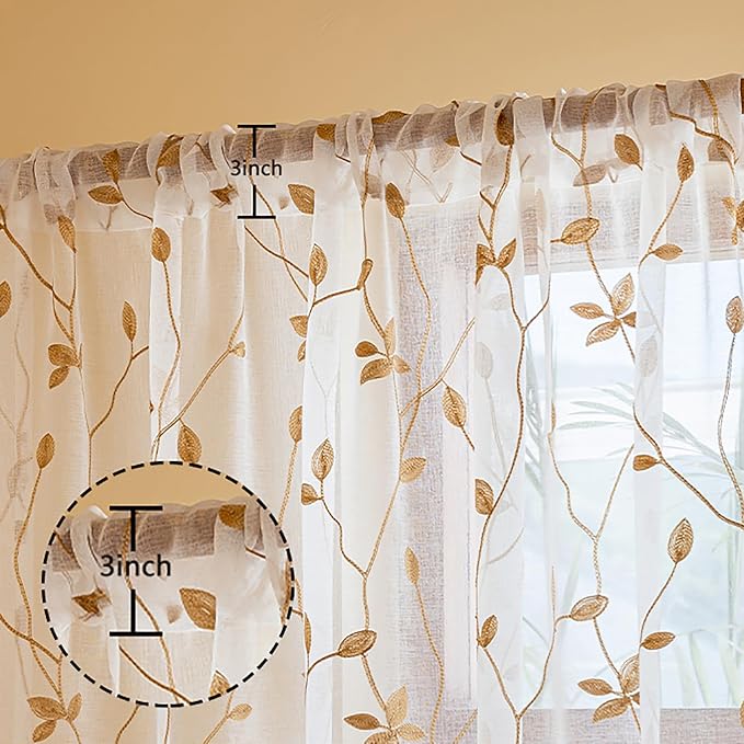 AmHoo 2 Panels Embroidered Leaf Pattern Semi Sheer Curtains Foliage Floral Voile Window Draperies Treatment for Bedroom Living Room Rod Pocket White Taupe 53 x 63 Inch