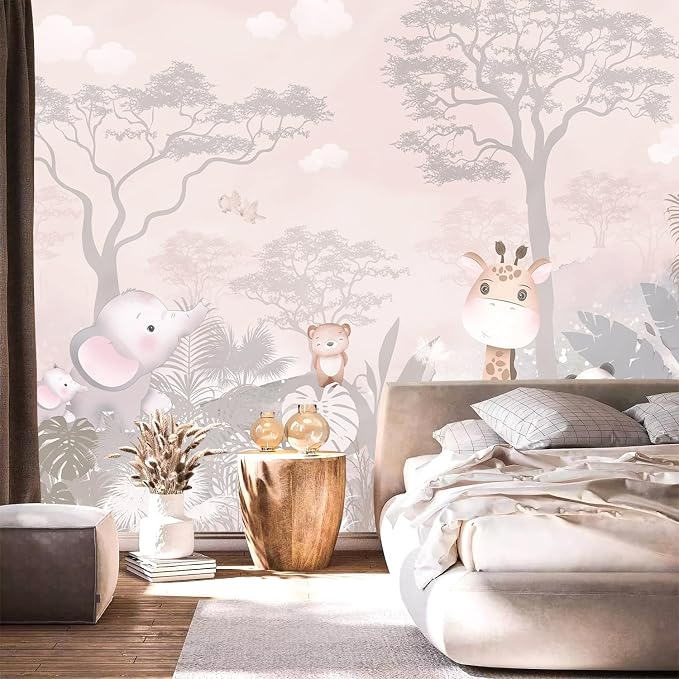 YQWDMX - Pink Safari Peel and Stick Wallpaper Jungle murals for Nursery ZY20 M
