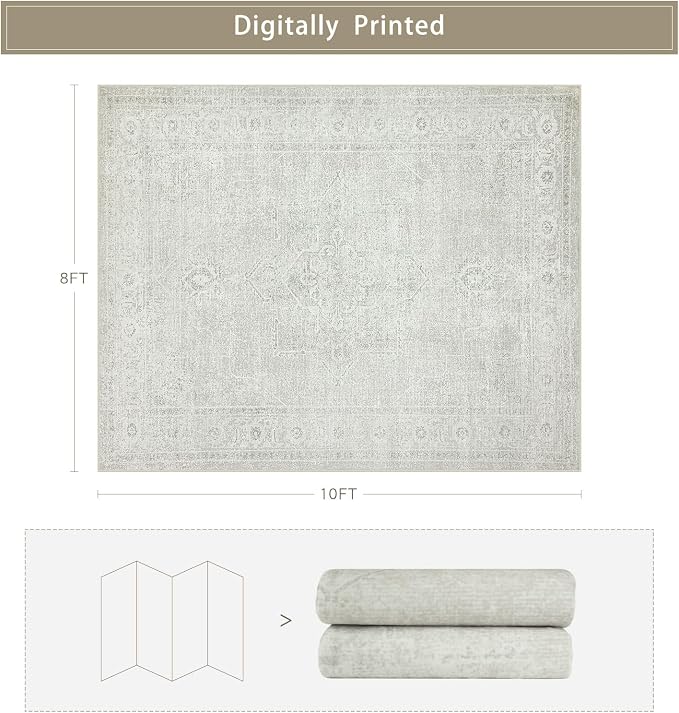 Srugn Washable Rugs 8x10 Area Rugs for Living Room,Bedroom,Dining Room- Large Ultra Soft Faux Wool Retro Carpets,Non Slip&Non-Shedding Low Pile Vintage Carpet for Home Office,Concrete Grey