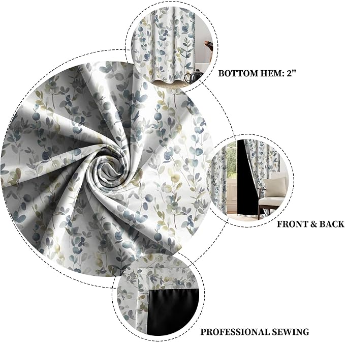 Renaiss Botanical Herbs Blackout Curtains, Vintage Eucalyptus Leaf Thermal Insulated Bedroom Window Curtains, Classical Gray Plants Window Drapes for Living Room, 63" L x 42" W 2 Panel Set