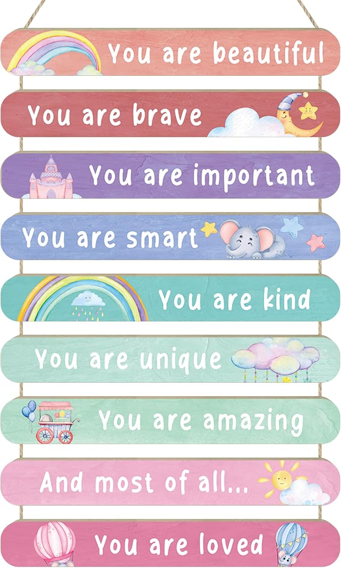 MONALET Pastel Boho Inspirational Wall Decor for Girls Kids Room Nursery Office Playroom Classroom, Positive Affirmations Hanging Wooden Signs, You Are Loved Wall Art Wood Plaque 9Pcs 12x19