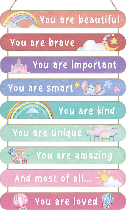 MONALET Pastel Boho Inspirational Wall Decor for Girls Kids Room Nursery Office Playroom Classroom, Positive Affirmations Hanging Wooden Signs, You Are Loved Wall Art Wood Plaque 9Pcs 12x19
