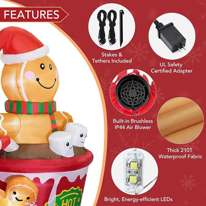 ZPISF 6 FT Christmas Inflatables Outdoor Decorations, Cute Christmas Blow Up Yard Decorations Gingerbread Man in Hot Cocoa Mug Scene for Garden Lawn Xmas Decor
