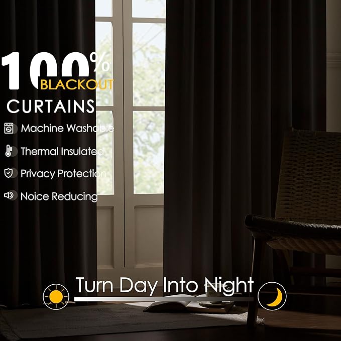 Blackout Curtains 63 Inch Long for Living Room Bedroom, Pinch Pleat Linen Drapes Thermal Insulated Room Darkening Noise Reducing Ivory Black Out Curtain 2 Panels Set with Back Tab