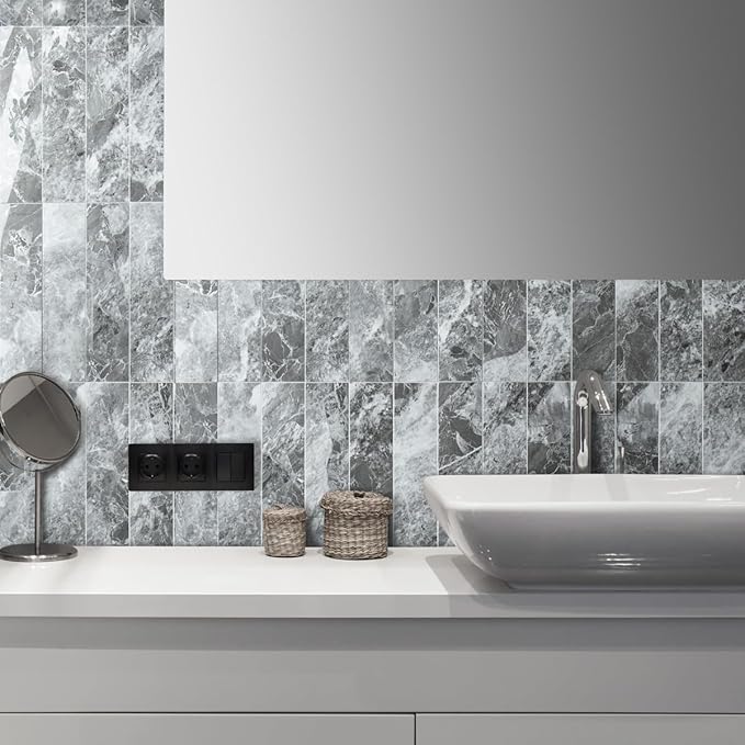 AULIGET 40-Piece Polished Grey Marble with Silver Peel and Stick Backsplash Wall Tiles, 3" x 12" PVC Faux Stone Stick on Tiles for Backsplash Kitchen, Bathroom, Laundry Room, Camper, Fireplace
