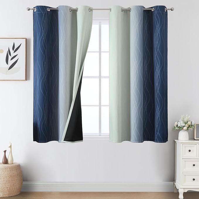 Estelar Textiler Navy Blue and Sage Green Blackout Curtains 54 Inches Long, Full Light Blocking Gradient Grommet Drapes, Thermal Insulated Ombre Curtains for Bedroom, 42Wx54L, 2 Panels