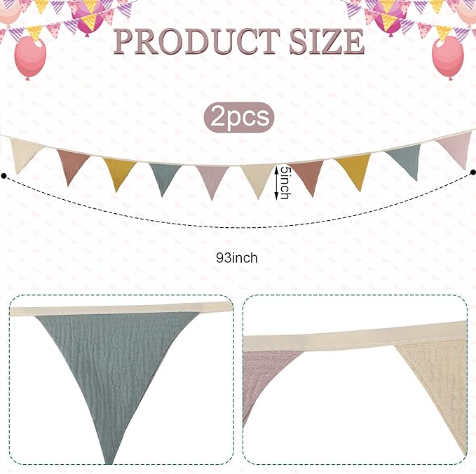 Oudain 2 Pcs Pennant Banner Flags Nursery Garland Triangle Bunting Flags Playroom Wall Decor Banner for Nursery Baby Shower Birthday Boho Wedding Party Event, Each 7.75 ft(Rainbow Color)