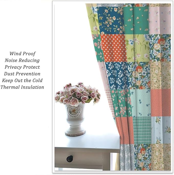 Boho Floral Patchwork Blackout Curtains Farmhouse Patchwork Quilted Country Check Plaid Print Window Drapes for Bedroom Living Room Kitchen Cafe （W27.5xL63 Inch） x2 Panels